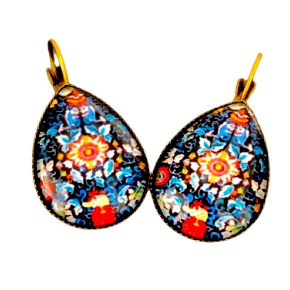 Blue Khokhloma Folk Art Teardrop Earrings Bronze Tone
